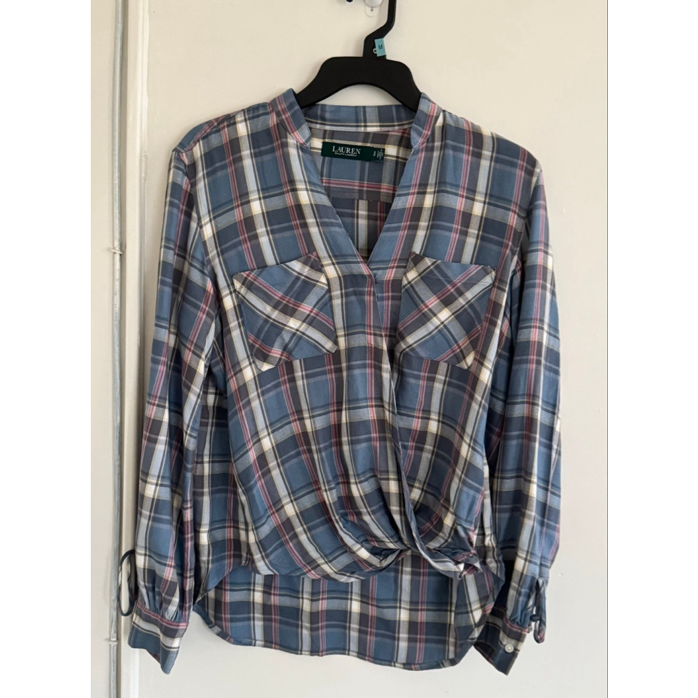 Lauren Ralph Lauren plaid long-sleeve blouse with V-neck and twist-front size S